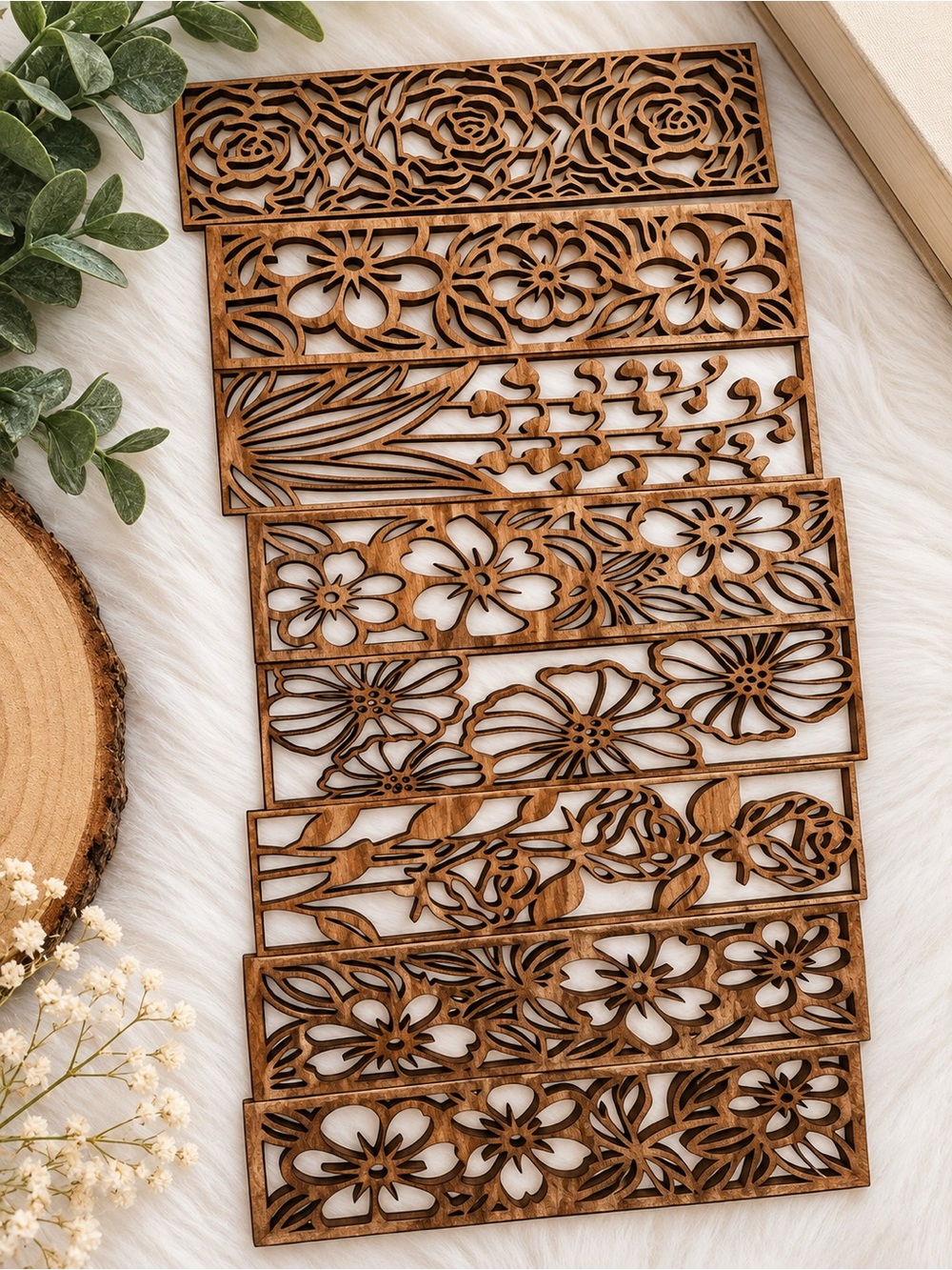 Custom Made Laser-Cut Floral Wood Bookmarks